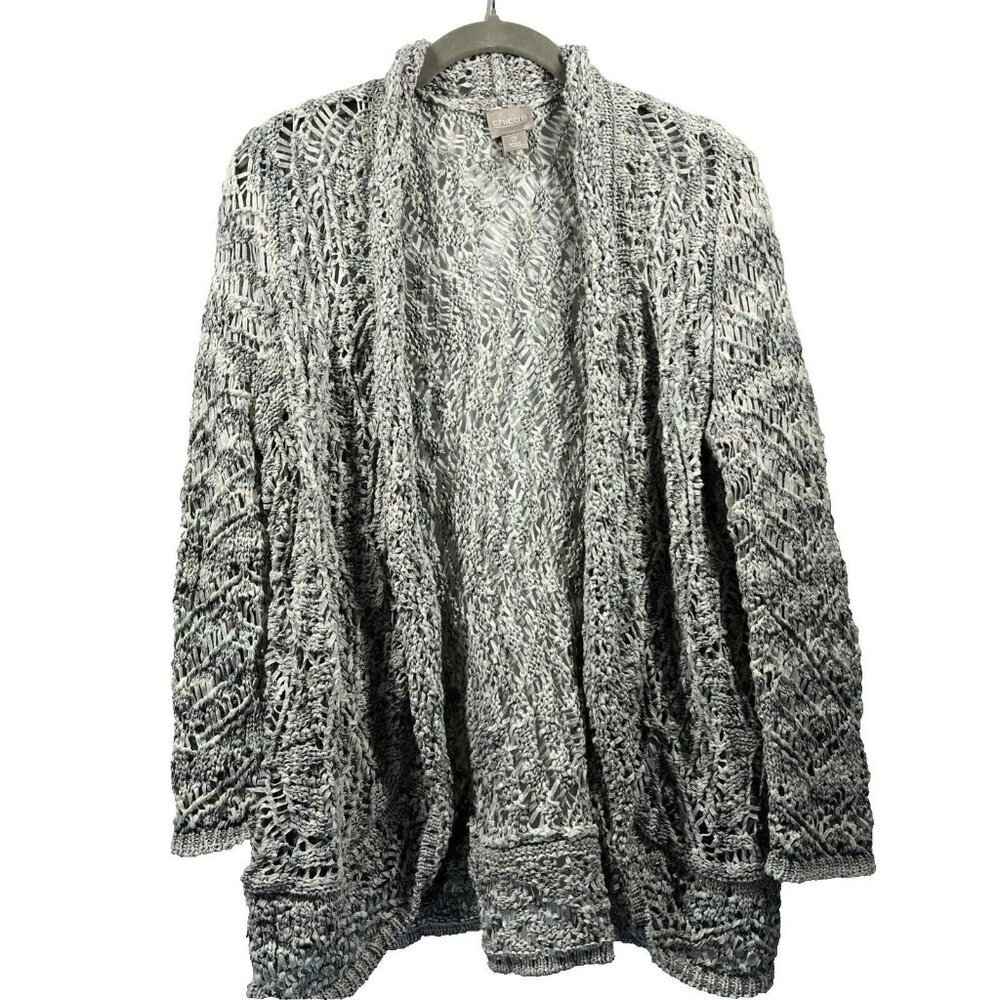 Chicos Womens Jacket Size 2 L Ribbon Weave Gray Ivory Open Knit Cardigan Sweater